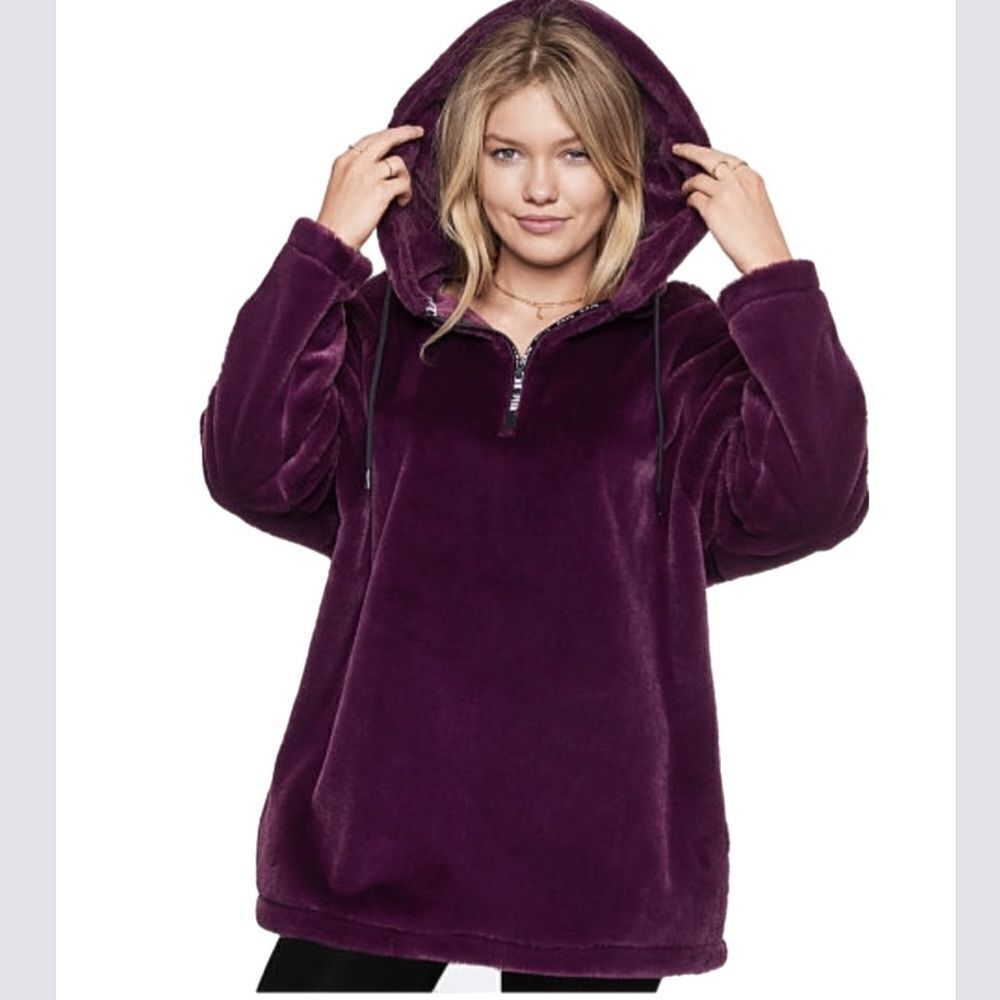 Victorias Secret Pink Faux Fur Campus Hoodie Cozy Supersoft Pullover Jacket Kir